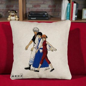Perna Personalizata Gintama Trio Gintoki Shinpachi Kagura, 40x40 cm, Bej Canapea, Husa Detasabila, Perna Inclusa, BEKZ®