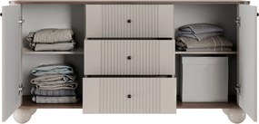 Comodă cu sertare pe picioare rotunde Vesper 160 cm - cașmir / nuc / mânere negre