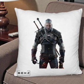 Perna Personalizata The Witcher Geralt of Rivia Portret, 40x40 cm, Alb Pufos, Husa Detasabila, Perna Inclusa, BEKZ®