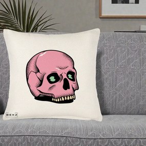 Perna Decorativa Craniu Roz Tatoo Art Halloween, 40x40 cm, Crem Reliefat, Husa Detasabila, Perna Inclusa, BEKZ®