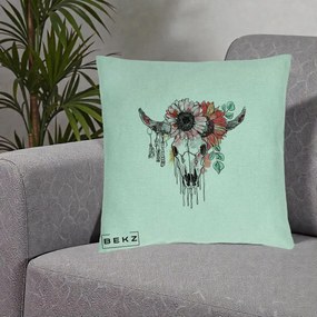 Perna Decorativa Craniu Boho Floral, 40x40 cm, Verde Menta, Husa Detasabila, Perna Inclusa, BEKZ®