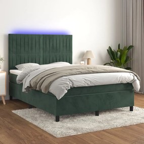 3136242 vidaXL Pat cu arcuri, saltea și LED, verde închis, 140x190 cm, catifea