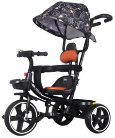 Tricicleta cu pedale, Copertina retractabila, 2 - 6 ani, Negru, Maner parental