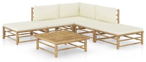 Set mobilier de gradina cu perne, 6 piese, alb crem, bambus Crem, colt + 2x mijloc + 2x suport pentru picioare + masa, 1