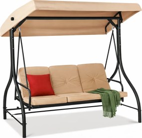 Leagan de grădină, șezlong tip pat, 3 locuri, copertina reglabila, cadru otel, 194x120x173 cm, Bej Tan