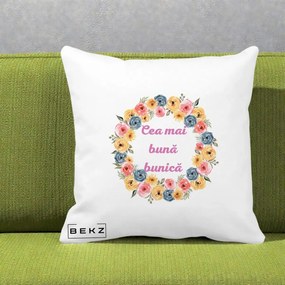 Cadou pentru Bunica - Perna Personalizata Cea Mai Buna Bunica Coronita Flori Multicolore, 40x40 cm, Alba Mata, Husa Detasabila, Perna Inclusa, BEKZ®
