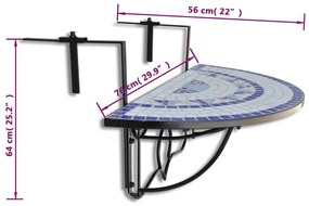 Masa de balcon suspendata, albastru si alb, mozaic 1, Albastru, 76 x 56 x 64 cm
