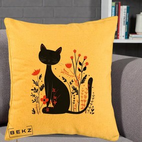 Perna Decorativa Pisica Neagra Flori Rosii Folk Minimal, 40x40 cm, Galben, Husa Detasabila, Perna Inclusa, BEKZ®