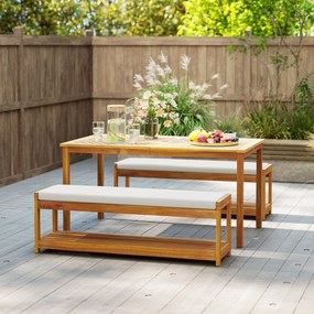 Outsunny Set de mobilier de grădină 3 buc., Set de scaune cu 1 masă cu orificiu pentru umbrelă, 2 bănci 150 x 85 x 75 cm Teak | Aosom Romania