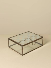 Set 3 cutii decorative din sticlă transparentă și metal auriu, capac cu balama și model în carouri mate, mâner inel, finisaj antichizat, 11 x 25 x 20