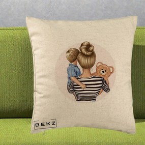 Cadou pentru Mama - Perna Personalizata Mama si Baietelul cu Ursulet, 40x40 cm, Bej, Husa Detasabila, Perna Inclusa, BEKZ®