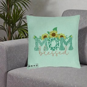 Cadou pentru Mama - Perna Personalizata Mom Blessed cu Floarea Soarelui Animal Print Teal, 40x40 cm, Verde Menta, Husa Detasabila, Perna Inclusa, BEKZ®