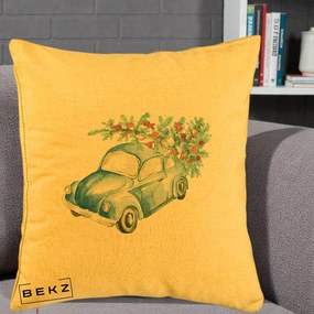 Perna Decorativa Masinuta Albastra cu Brad de Craciun, 40x40 cm, Galben, Husa Detasabila, Perna Inclusa, BEKZ®