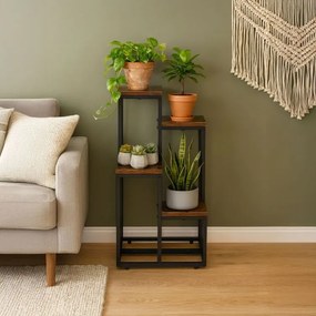 Suport pentru flori Loft - 4 rafturi, oțel negru și decor din lemn