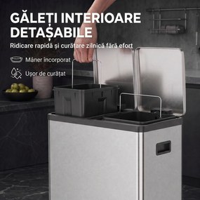 HOMCOM Coș de gunoi pentru bucătărie 2 x 30 L, cu pedală, din oțel inoxidabil, cu recipiente detașabile și închidere lentă, argintiu | Aosom Romania