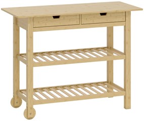 HOMCOM Cărucior de Bucătărie din Lemn de Bambus cu 2 Sertare, 2 Rafturi și 2 Roți, 100x43x75 cm, Lemn | Aosom Romania
