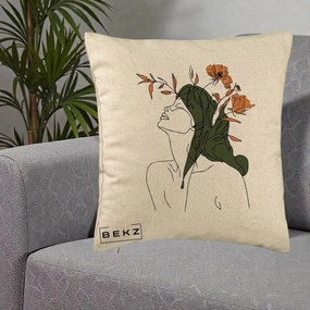 Perna Decorativa Portret Feminin Profil Flori Portocalii, 40x40 cm, Bej, Husa Detasabila, Perna Inclusa, BEKZ®