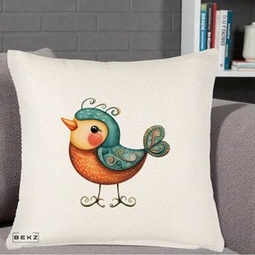 Perna Decorativa Pasare Ornamentala Folk Art, 40x40 cm, Crem Reliefat, Husa Detasabila, Perna Inclusa, BEKZ®