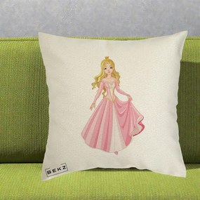 Perna Decorativa Printesa Aurora Rochie Roz, 40x40 cm, Ecru, Husa Detasabila, Perna Inclusa, BEKZ®