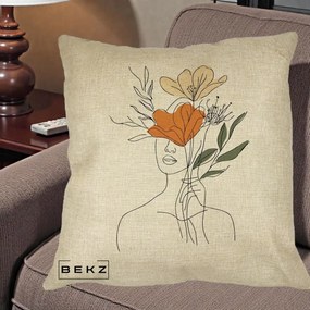Perna Decorativa Portret Feminin Coroana Florala, 40x40 cm, Crem, Husa Detasabila, Perna Inclusa, BEKZ®