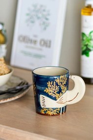 Cană din ceramică cu decor floral și pasăre pictată manual, mâner în formă de aripă, 8x9 cm, "Hezha"