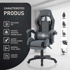 Scaun gaming, masaj în perna lombară, suport picioare, textil, Gri