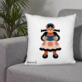 Perna Personalizata Fetita cu Carte Ilustratie Folk, 40x40 cm, Alb Pufos, Husa Detasabila, Perna Inclusa, BEKZ®