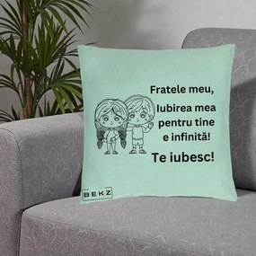 Cadou pentru Frate - Perna Personalizata Fratele Meu Te Iubesc Copii Anime Line Art Negru, 40x40 cm, Verde Menta, Husa Detasabila, Perna Inclusa, BEKZ®
