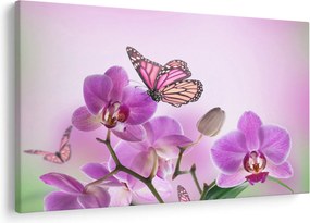 Tablou - Fluture pe flori de orhidee, liliac (90x60 cm)