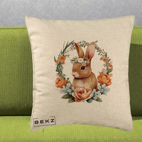 Perna Decorativa Iepuras Floral Coronita Acuarela, 40x40 cm, Bej, Husa Detasabila, Perna Inclusa, BEKZ®