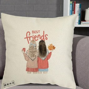 Cadou pentru Prieteni - Perna Personalizata Best Friends Toamna, 40x40 cm, Ecru, Husa Detasabila, Perna Inclusa, BEKZ®