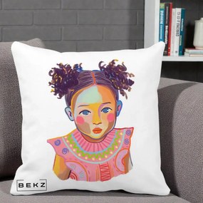 Perna Decorativa Fetita Vesela Portret Colorat, 40x40 cm, Alba Mata, Husa Detasabila, Perna Inclusa, BEKZ®