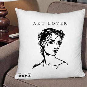 Perna Decorativa Art Lover Portret Grafic, 40x40 cm, Alb Pufos, Husa Detasabila, Perna Inclusa, BEKZ®