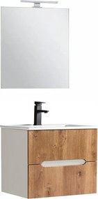 Trent mobilier de baie 60 cm chiuvetă ceramică (2 sertare) cu oglindă 60x80 cm stejar alb-sunset
