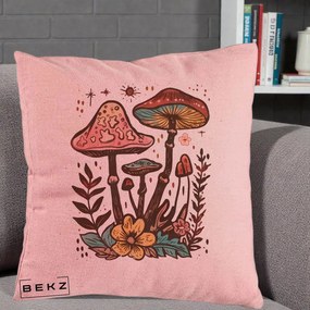 Perna Decorativa Ciuperci Boho Multicolore, 40x40 cm, Roz, Husa Detasabila, Perna Inclusa, BEKZ®