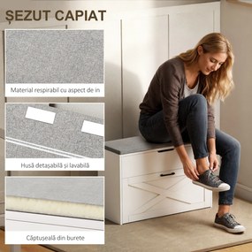 HOMCOM Bancă Pantofar de Intrare, Pantofar cu Săriță Capitonată Lavabilă, Antă Rabatabilă, Compartiment cu Închidere Lentă, Rafturi Reglabile, pentru 8 Perechi de Pantofi, Hol Coridor Cameră, Alb | Aosom Romania