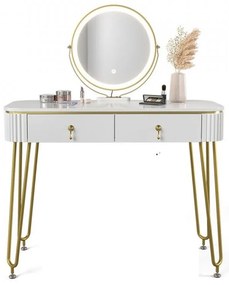 SEA398 - Set Masa toaleta, 100 cm, cosmetica machiaj, oglinda cu LED - Alb Lucios - Auriu