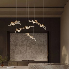 Lustra liniara cu pendule LED otel auriu si sticla transparenta AVESA