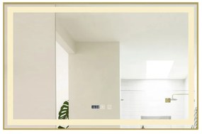 Oglindă Baie LED și Dezaburire Elit's Premium cu Senzor Touch, Lumina Rece, Caldă și Neutră, 100x80 cm, cu rama Bronz Gold Antichizat, Ceas