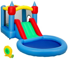 AIYAPLAY Castel gonflabil 4 în 1 cu tobogan, coș de baschet, piscină cu bile, ventilator 370W, 415 x 205 x 190 cm | Aosom Romania