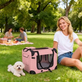 PawHut Cușcă de transport pliabilă pentru câini 60x41,5x41 cm cu ferestre din plasă pernă moale și 2 mânere pentru câini mini și pisici roz | Aosom Romania