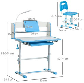 HOMCOM Set Masă și Scaun pentru Copii 6-12 Ani Reglabile pe Înălțime și Blat Înclinabil 45°, 80x54,5x82-104 cm, Albastru | Aosom Romania