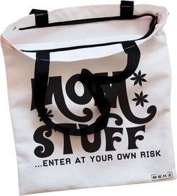 Sacosa de Panza pentru Cumparaturi, Geanta Tote, model Mom stuff, enter at your own risk, Cu fermoar, 38x34.5 cm, Alba, BEKZ®