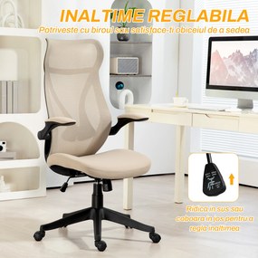 HOMCOM Scaun Ergonomic de Birou cu Brațe Rabatabile, Tetieră, Înălțime Reglabilă și Funcție de Leagăn, 66x66x121 cm, Bej | Aosom Romania