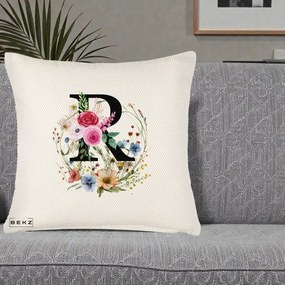 Cadou Personalizat - Perna Personalizata Monogram Litera R cu Flori Acuarela, 40x40 cm, Crem Reliefat, Husa Detasabila, Perna Inclusa, BEKZ®