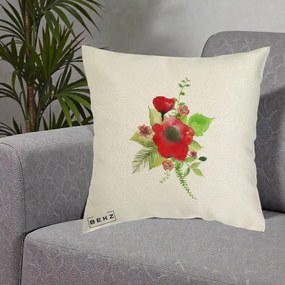 Perna Decorativa Buchet Rosu Acuarela, 40x40 cm, Ecru, Husa Detasabila, Perna Inclusa, BEKZ®
