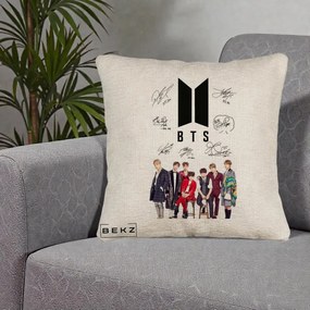 Perna Personalizata K-pop BTS Semnaturi Foto, 40x40 cm, Bej Canapea, Husa Detasabila, Perna Inclusa, BEKZ®