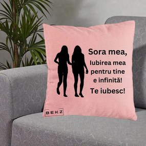 Cadou pentru Sora - Perna Personalizata Sora Mea Te Iubesc Siluete Negre Tinand Maini, 40x40 cm, Roz, Husa Detasabila, Perna Inclusa, BEKZ®