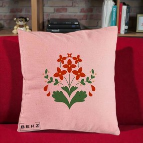 Perna Decorativa Buchet Floral Folk Rosu-Verde, 40x40 cm, Roz, Husa Detasabila, Perna Inclusa, BEKZ®