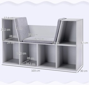 HOMCOM 2 în 1 raft pentru copii Raft + Bancă cu pernă 103 cm × 30 cm × 62 cm Alb + Gri | Aosom Romania